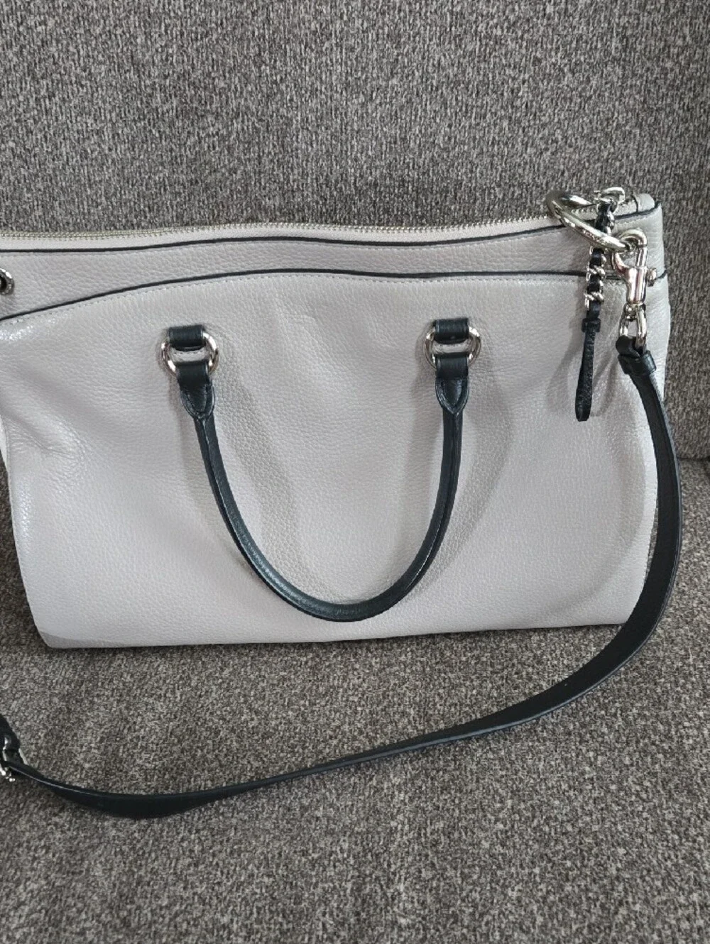 Coach Two-Tone Pebble Leather Satchel in Light Taupe, Cream With Black